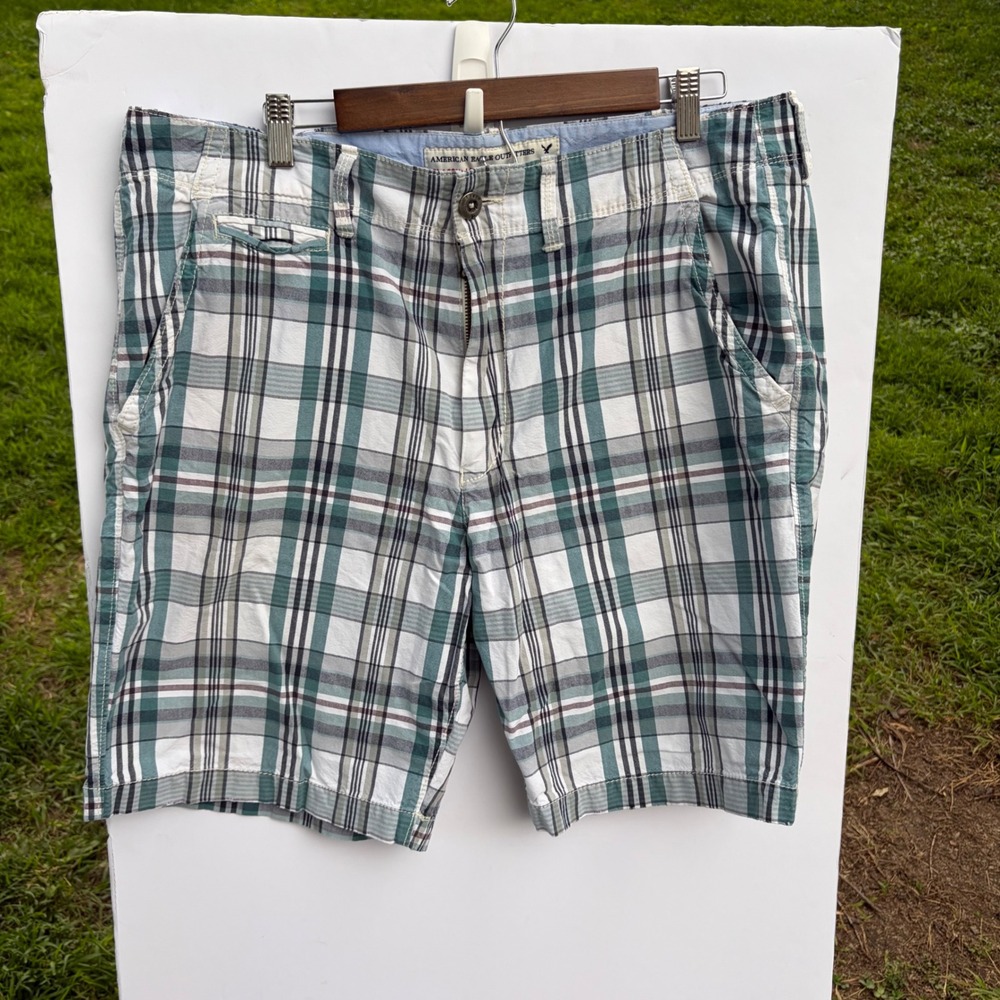 American Eagle Outfitters Mens Plaid Classic Length Cotton Shorts Teal White 38